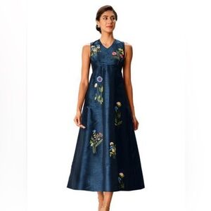 Eshakti Wayward Fancies Floral Embroidery Dupioni Empire Midi Dress Navy Size SM